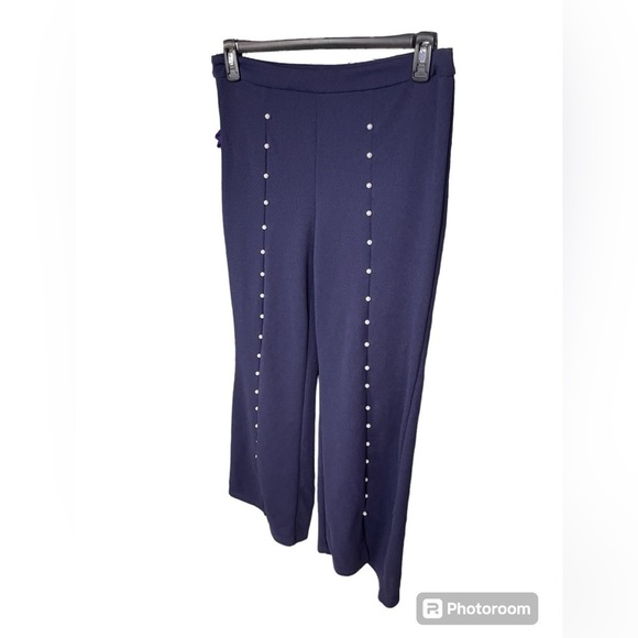 SHEIN Modely Pearls Beaded Split Hem Navy Flare Leg Pants Women’s Large 8/10 - Picture 2 of 14